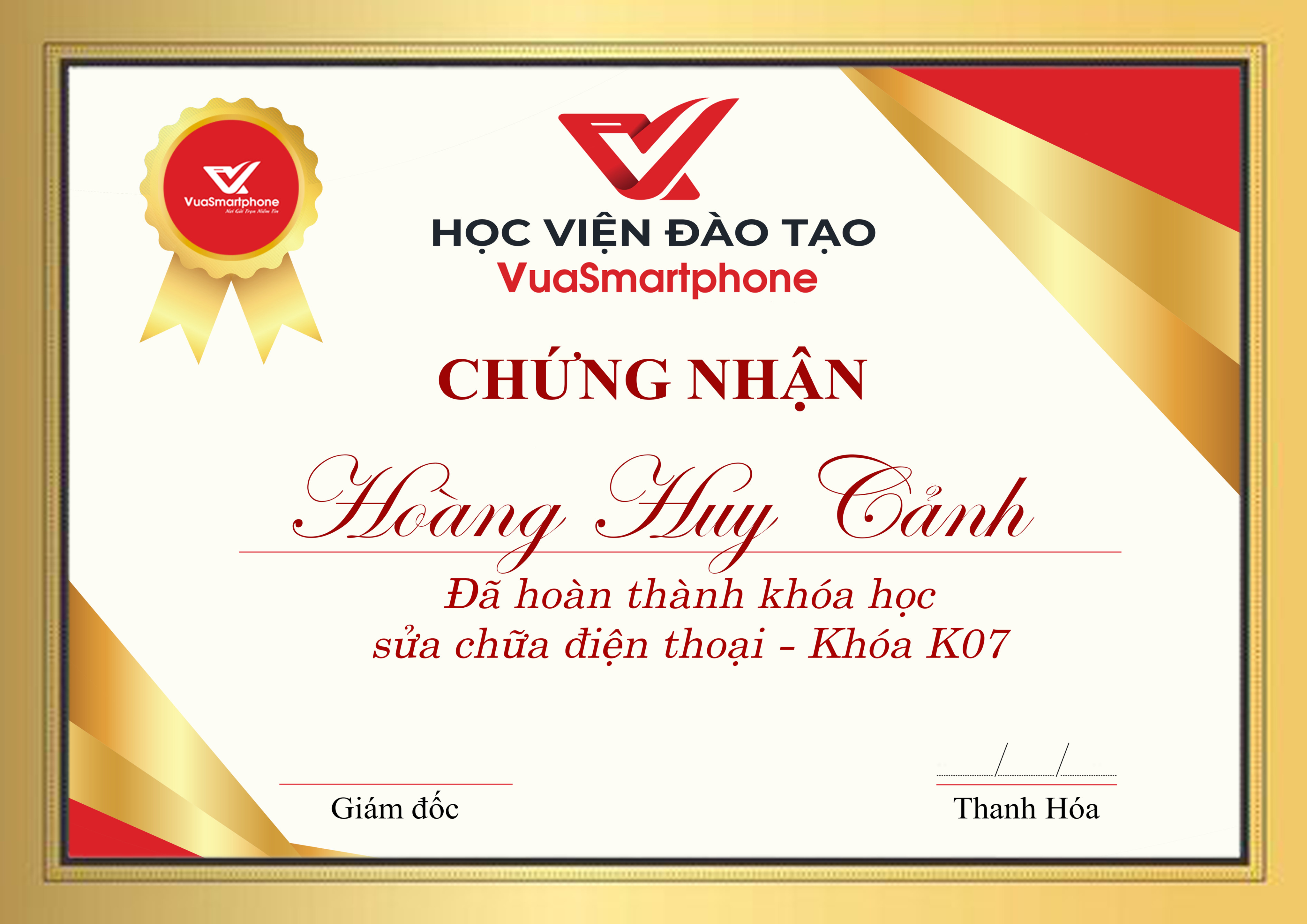 chứng nhận khóa học sửa điện thoại